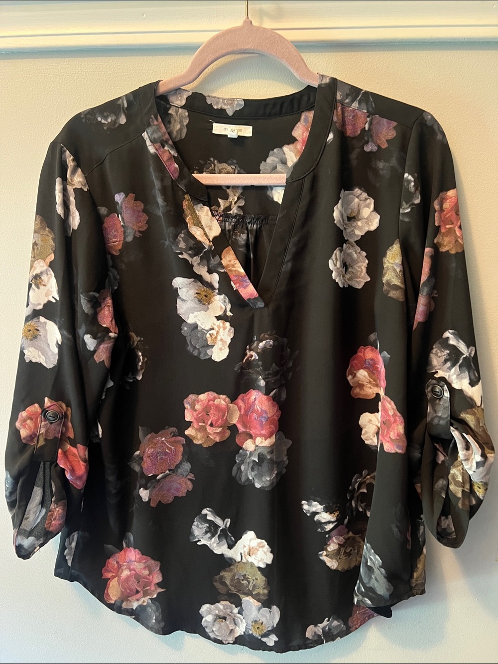 Maurices Black Floral V-Neck Roll-Tab Blouse
